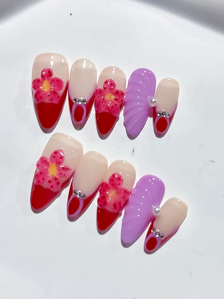 D390 - Medium Nude Red Almond French tip Flower Leaf VibeNailsLab