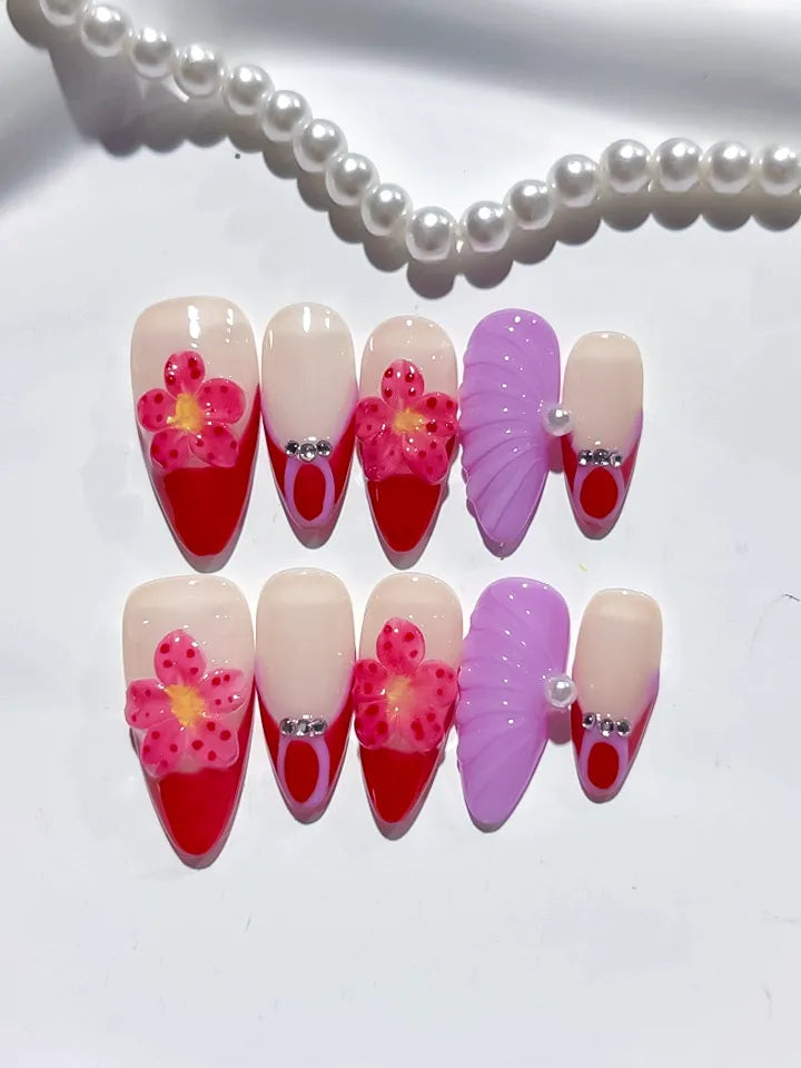 D390 - Medium Nude Red Almond French tip Flower Leaf VibeNailsLab