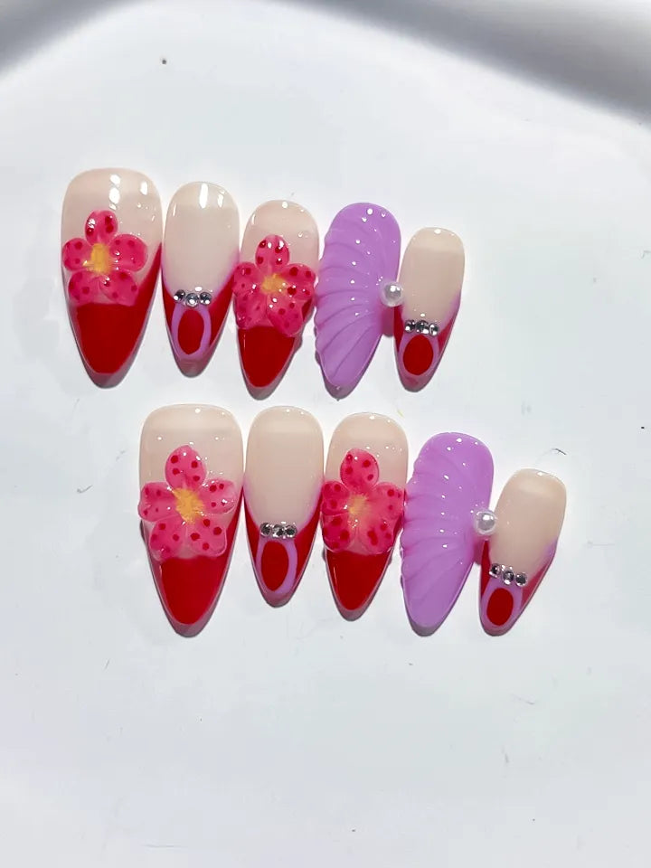 D390 - Medium Nude Red Almond French tip Flower Leaf VibeNailsLab