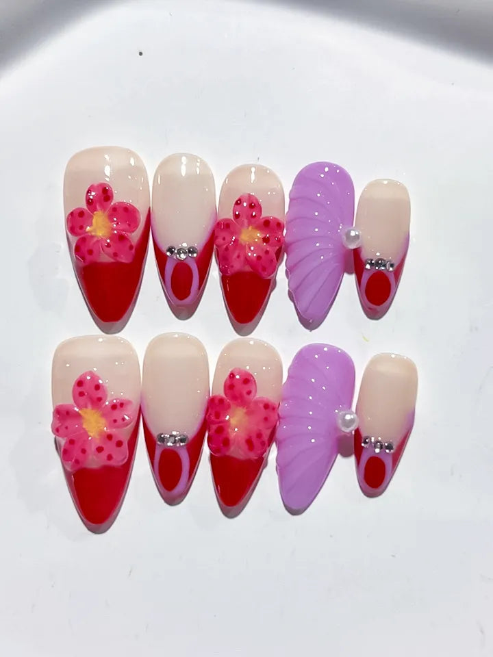 D390 - Medium Nude Red Almond French tip Flower Leaf VibeNailsLab