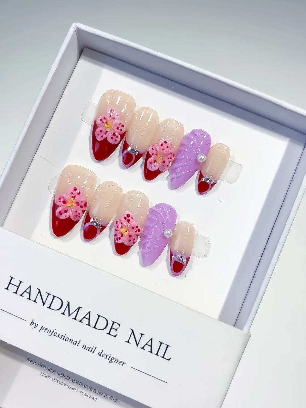 D390 - Medium Nude Red Almond French tip Flower Leaf