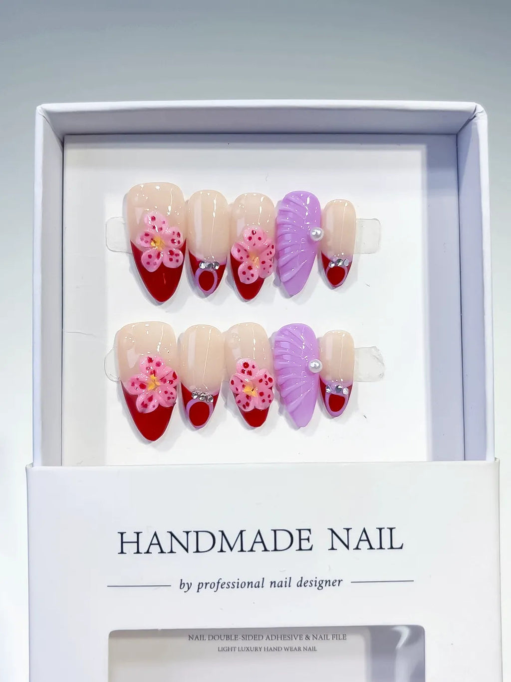 D390 - Medium Nude Red Almond French tip Flower Leaf VibeNailsLab
