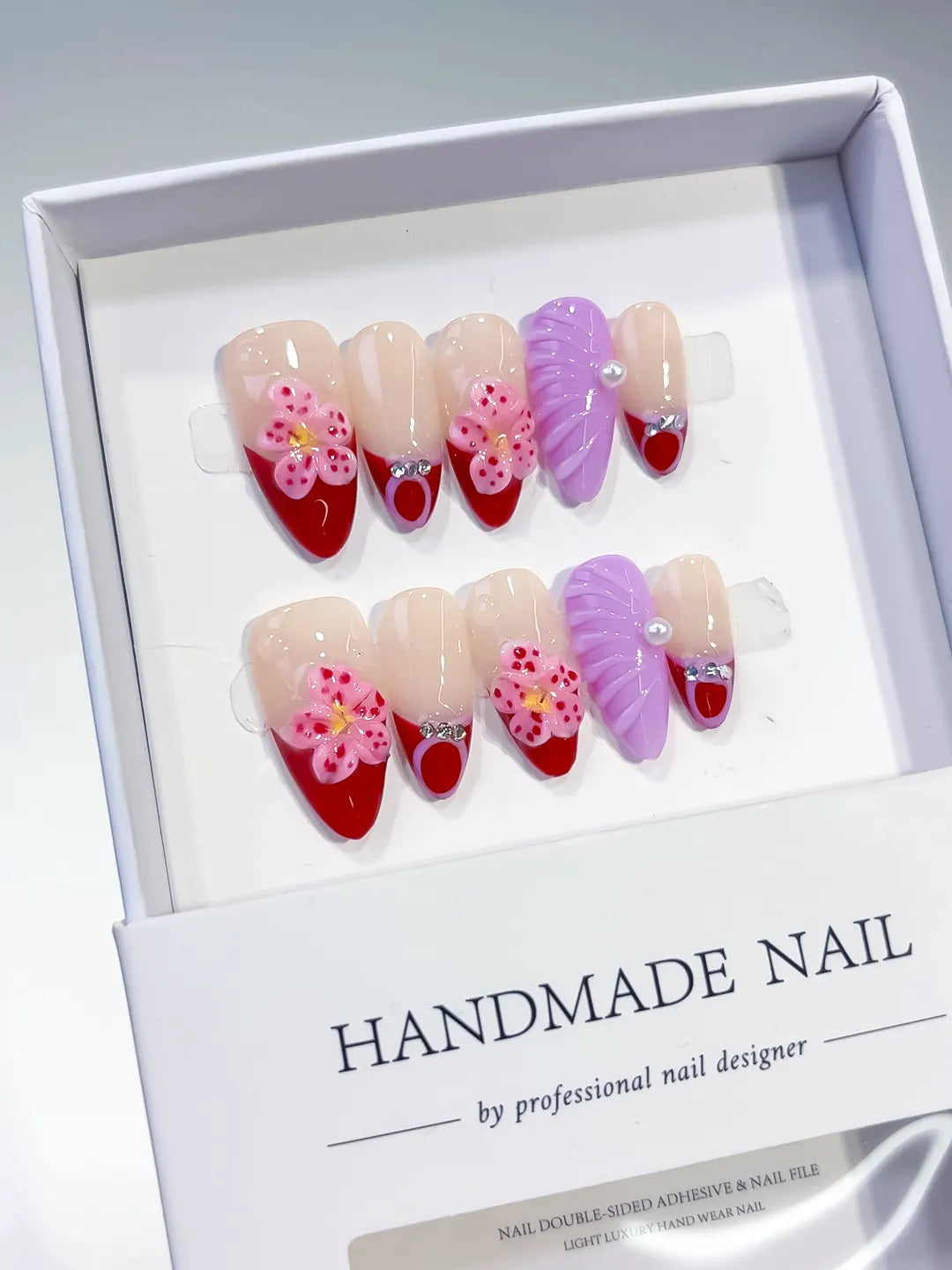 D390 - Medium Nude Red Almond French tip Flower Leaf VibeNailsLab