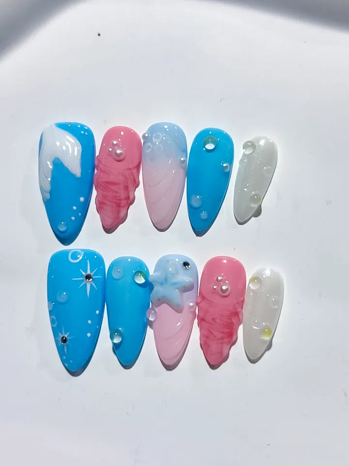 D391 - Medium Blue Pink Almond Abstract Shell Star VibeNailsLab