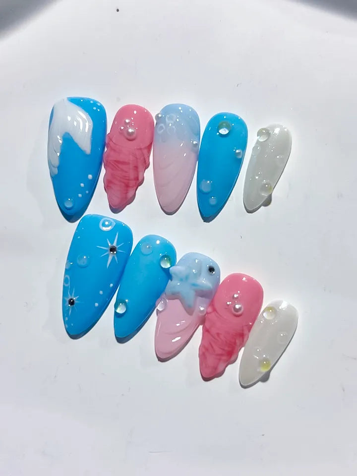 D391 - Medium Blue Pink Almond Abstract Shell Star VibeNailsLab