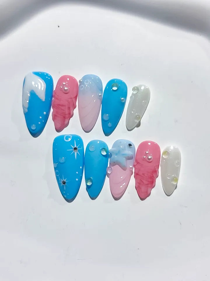 D391 - Medium Blue Pink Almond Abstract Shell Star VibeNailsLab