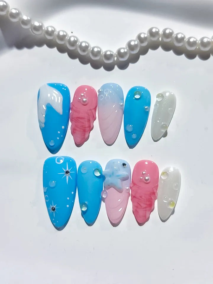 D391 - Medium Blue Pink Almond Abstract Shell Star VibeNailsLab