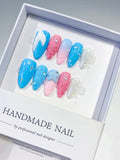 D391 - Medium Blue Pink Almond Abstract Shell Star VibeNailsLab