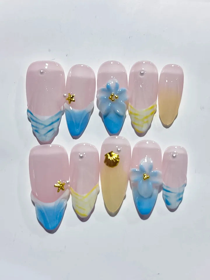 D392 - Medium Nude Blue Almond French tip Flower Shell VibeNailsLab