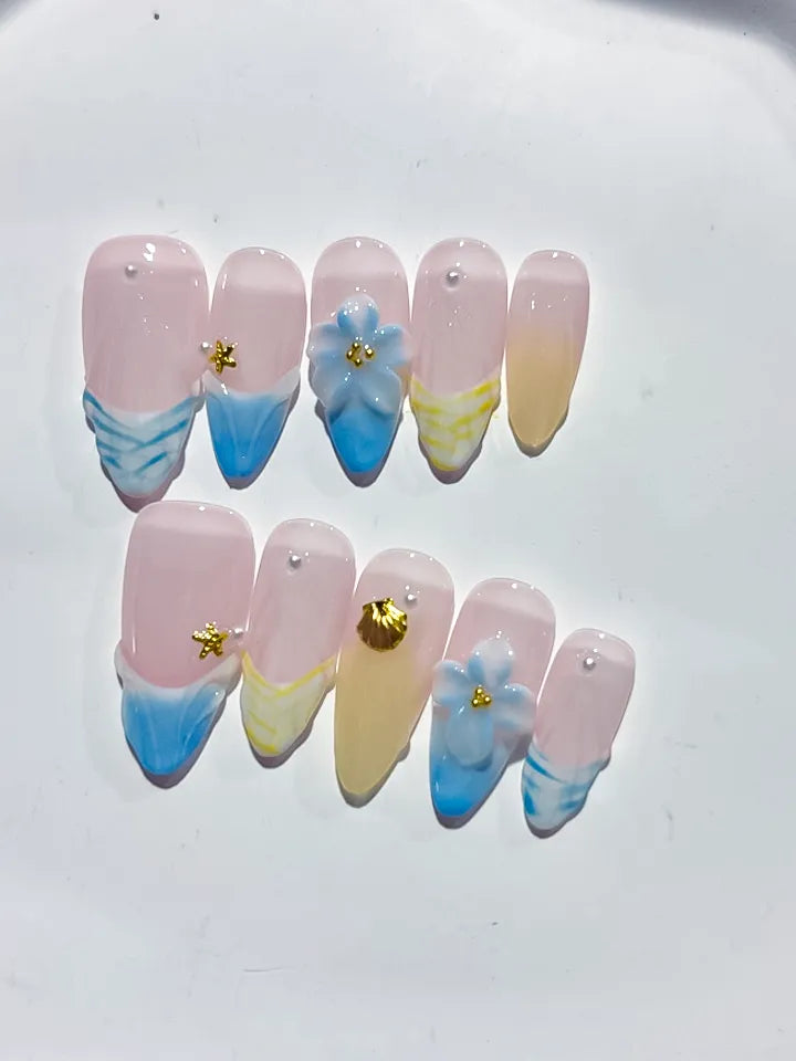 D392 - Medium Nude Blue Almond French tip Flower Shell VibeNailsLab