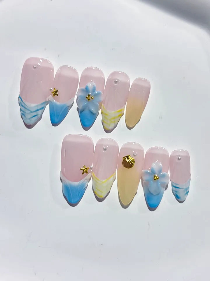 D392 - Medium Nude Blue Almond French tip Flower Shell VibeNailsLab