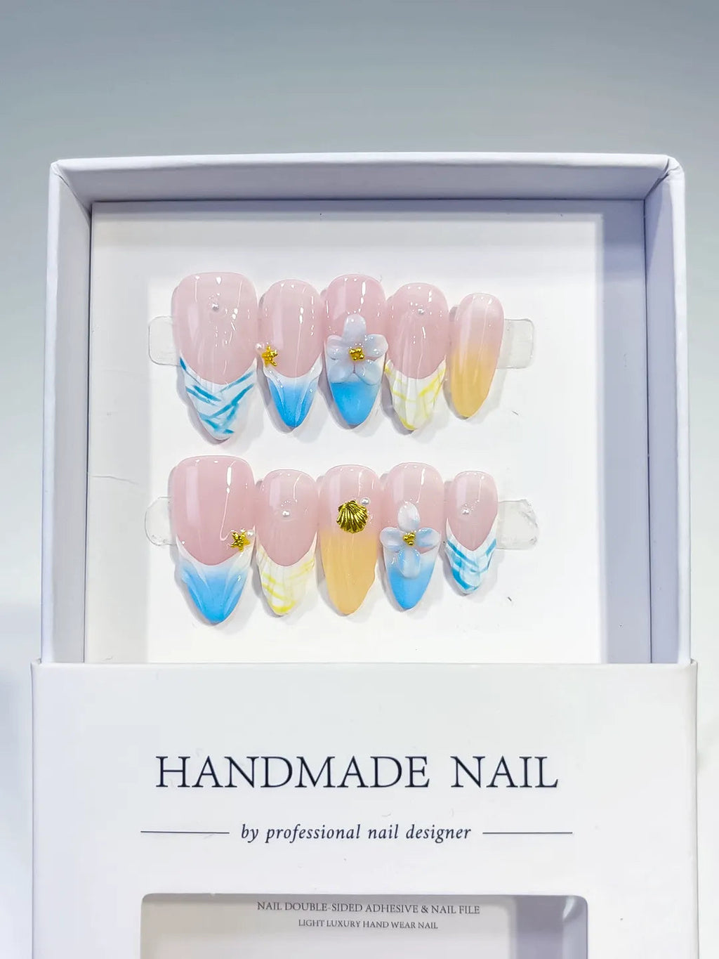 D392 - Medium Nude Blue Almond French tip Flower Shell VibeNailsLab