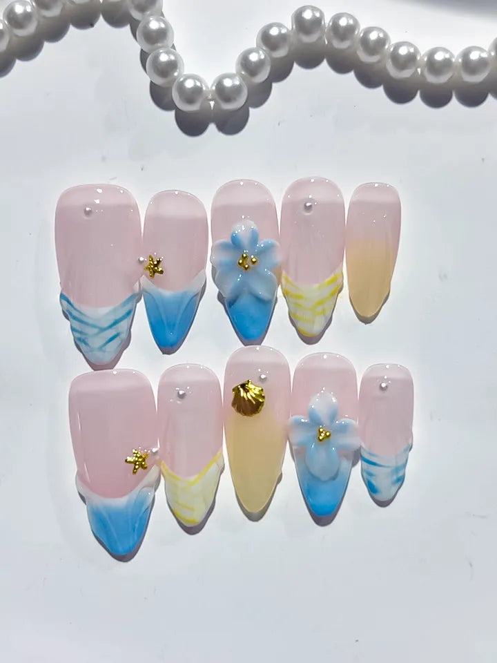 D392 - Medium Nude Blue Almond French tip Flower Shell VibeNailsLab