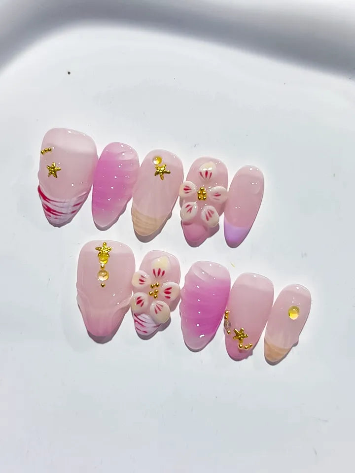 D394 - Short Pink White Almond Ombre Flower Star VibeNailsLab