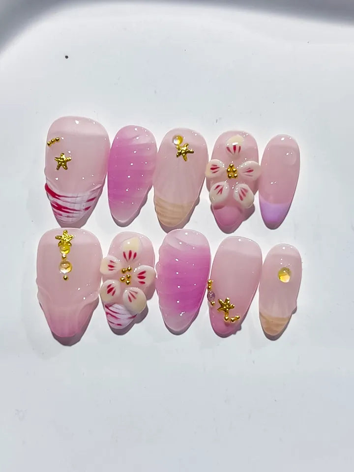 D394 - Short Pink White Almond Ombre Flower Star VibeNailsLab