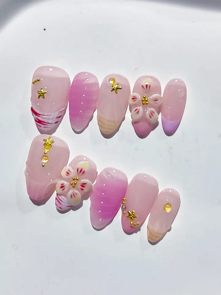 D394 - Short Pink White Almond Ombre Flower Star VibeNailsLab