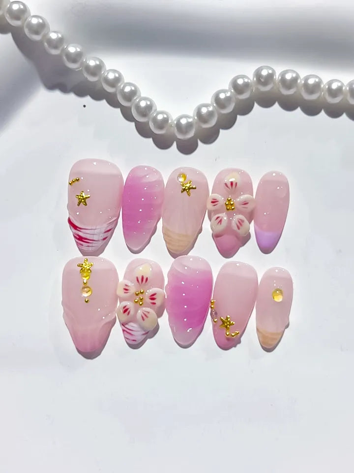 D394 - Short Pink White Almond Ombre Flower Star VibeNailsLab