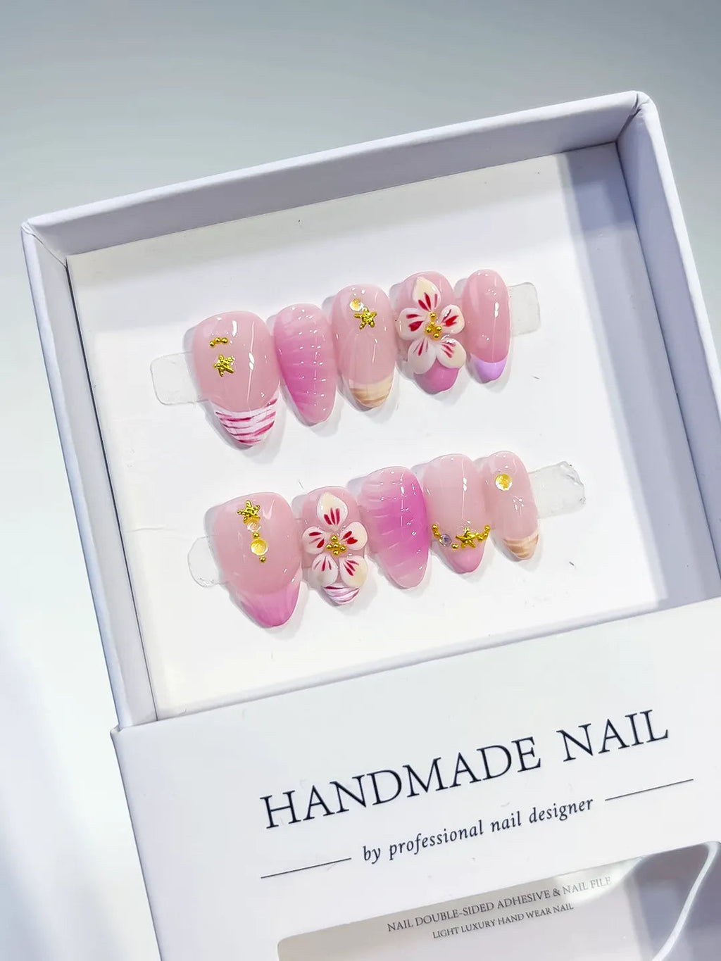 D394 - Short Pink White Almond Ombre Flower Star VibeNailsLab