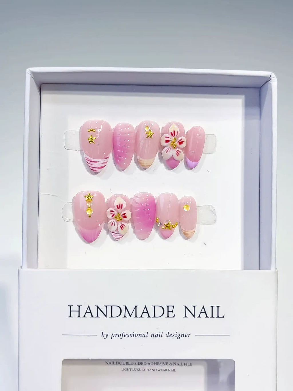 D394 - Short Pink White Almond Ombre Flower Star VibeNailsLab