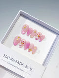 D394 - Short Pink White Almond Ombre Flower Star VibeNailsLab