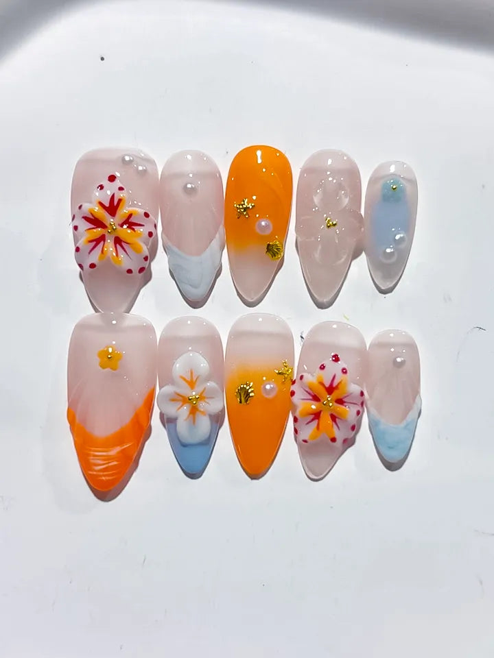 D395 - Medium Nude Orange Almond Abstract Flower Shell VibeNailsLab