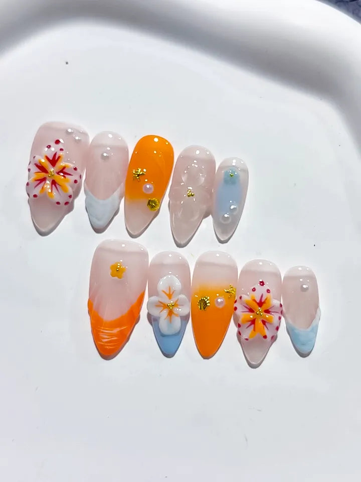 D395 - Medium Nude Orange Almond Abstract Flower Shell VibeNailsLab