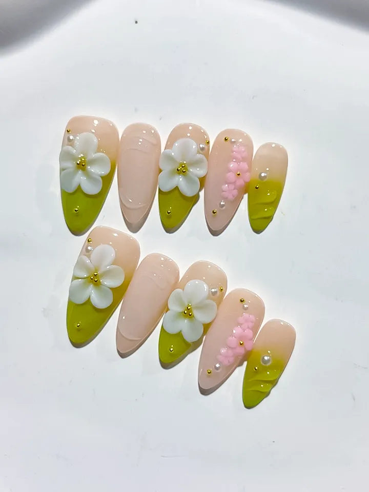 D396 - Medium Nude Green Almond French tip Flower Pearl VibeNailsLab