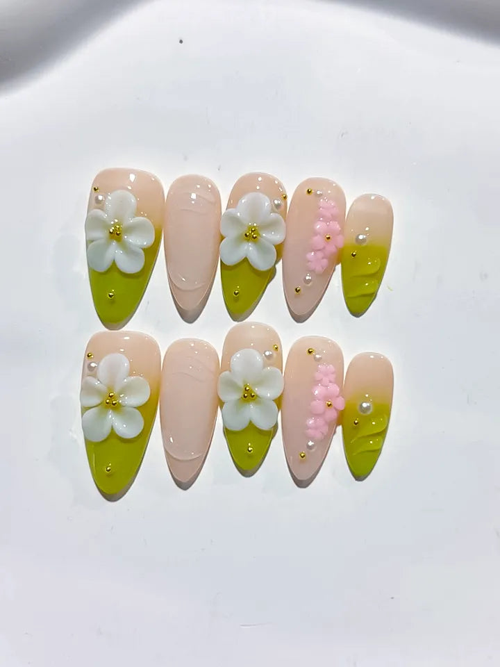 D396 - Medium Nude Green Almond French tip Flower Pearl VibeNailsLab