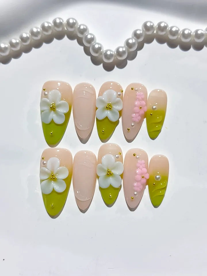 D396 - Medium Nude Green Almond French tip Flower Pearl VibeNailsLab
