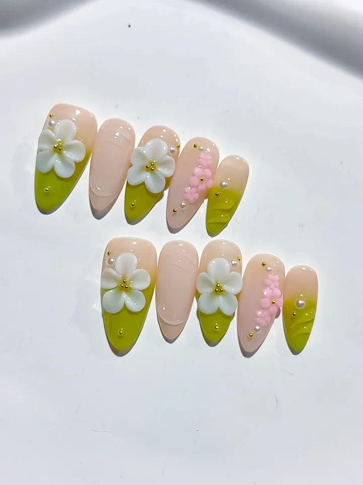 D396 - Medium Nude Green Almond French tip Flower Pearl VibeNailsLab