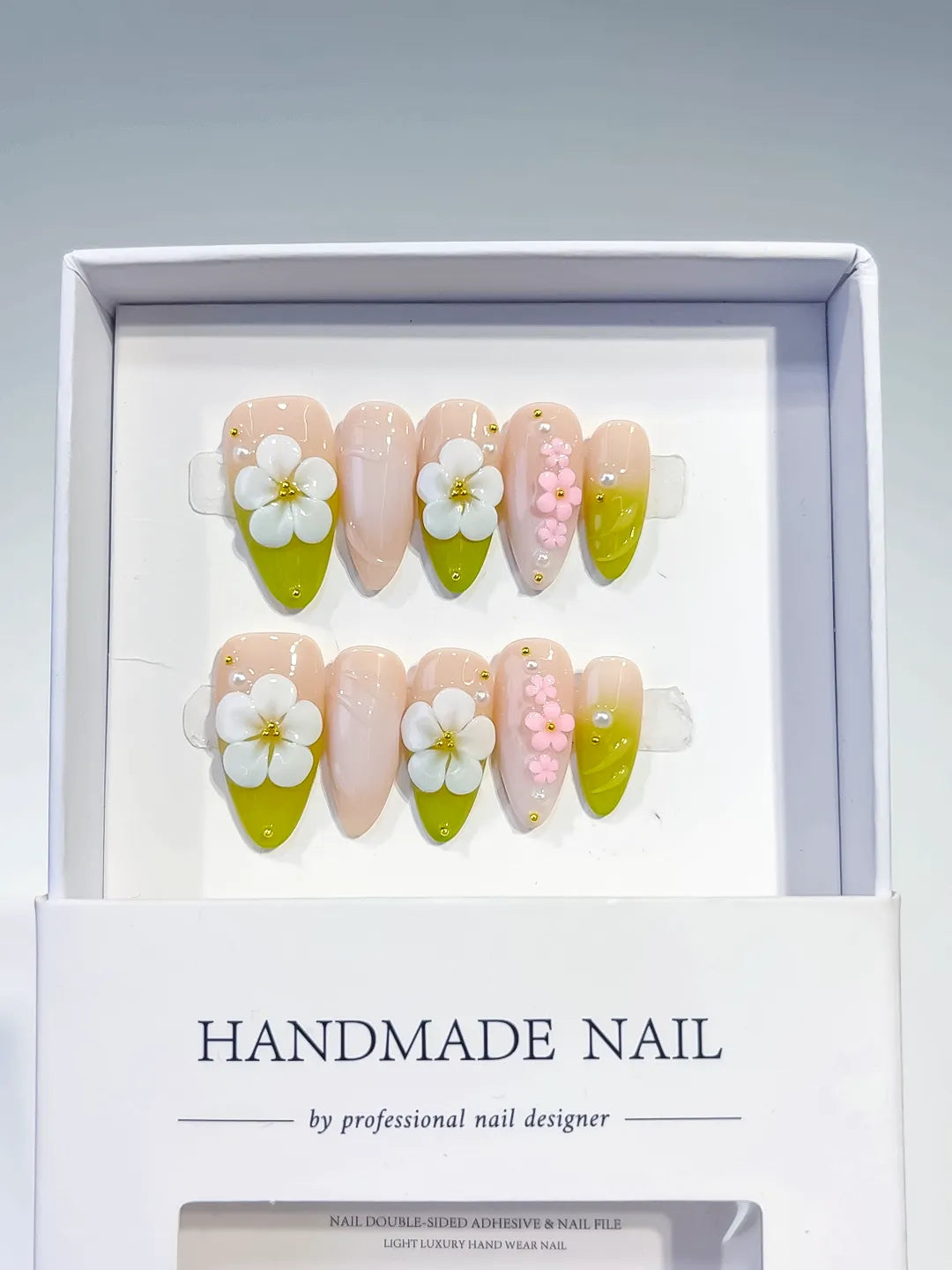 D396 - Medium Nude Green Almond French tip Flower Pearl VibeNailsLab