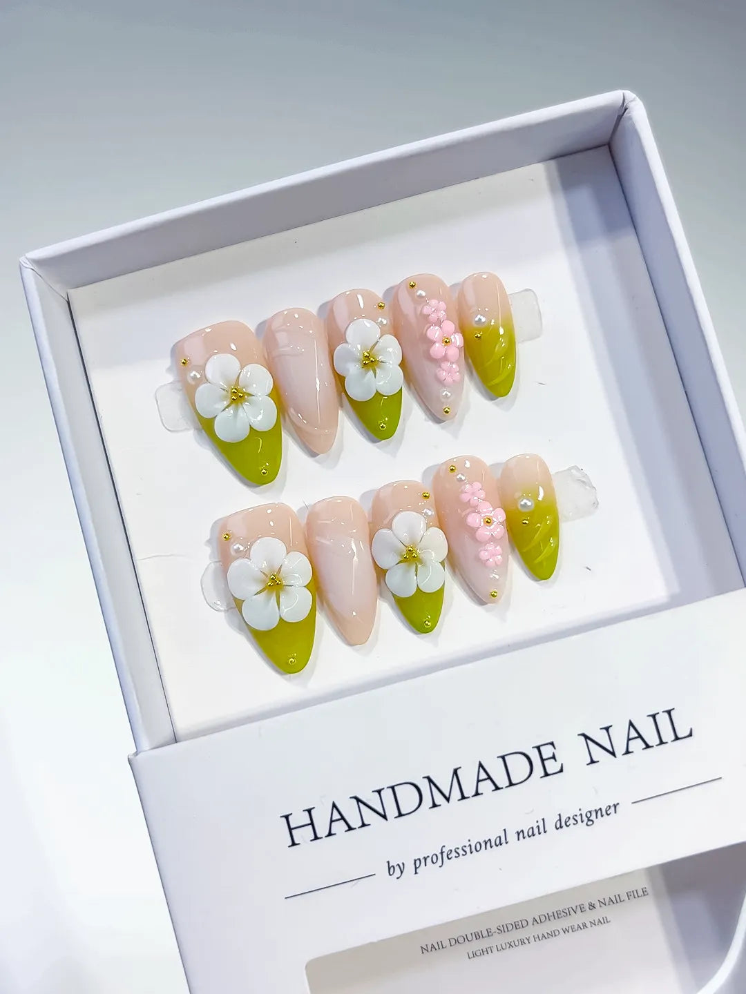 D396 - Medium Nude Green Almond French tip Flower Pearl VibeNailsLab