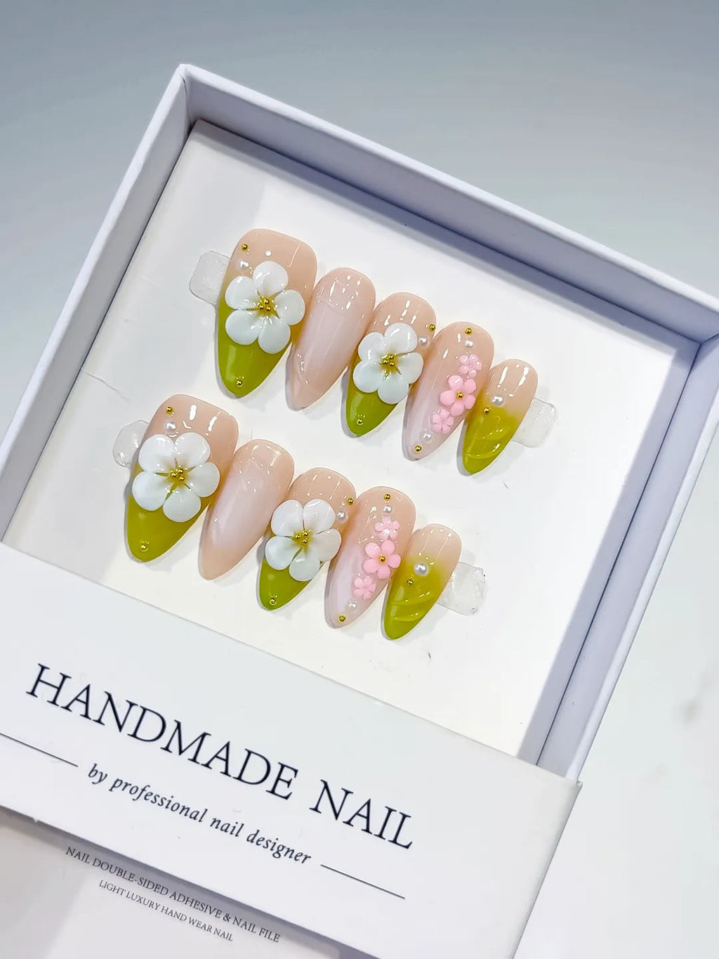 D396 - Medium Nude Green Almond French tip Flower Pearl VibeNailsLab