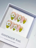 D396 - Medium Nude Green Almond French tip Flower Pearl VibeNailsLab