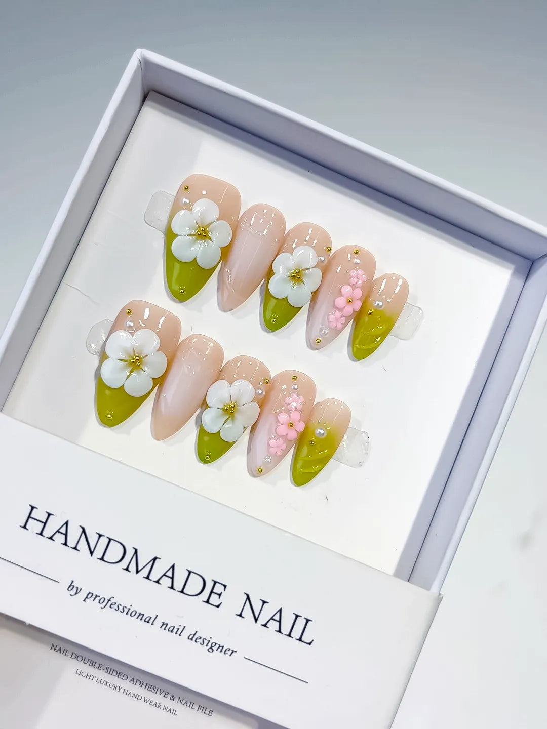 D396 - Medium Nude Green Almond French tip Flower Pearl VibeNailsLab