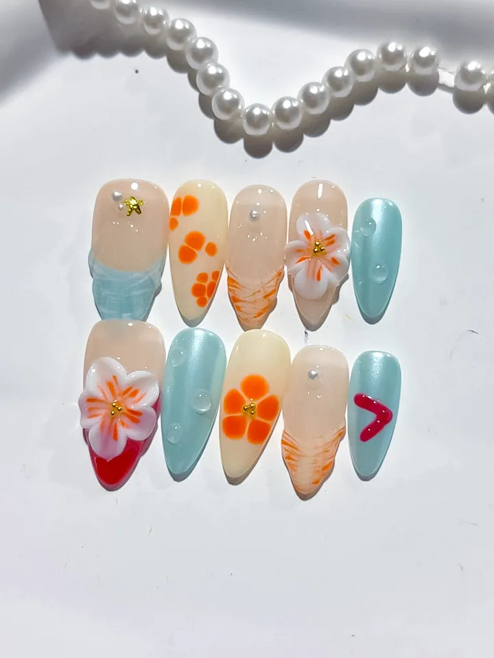 D398 - Medium Nude Blue Almond Abstract Flower Heart VibeNailsLab