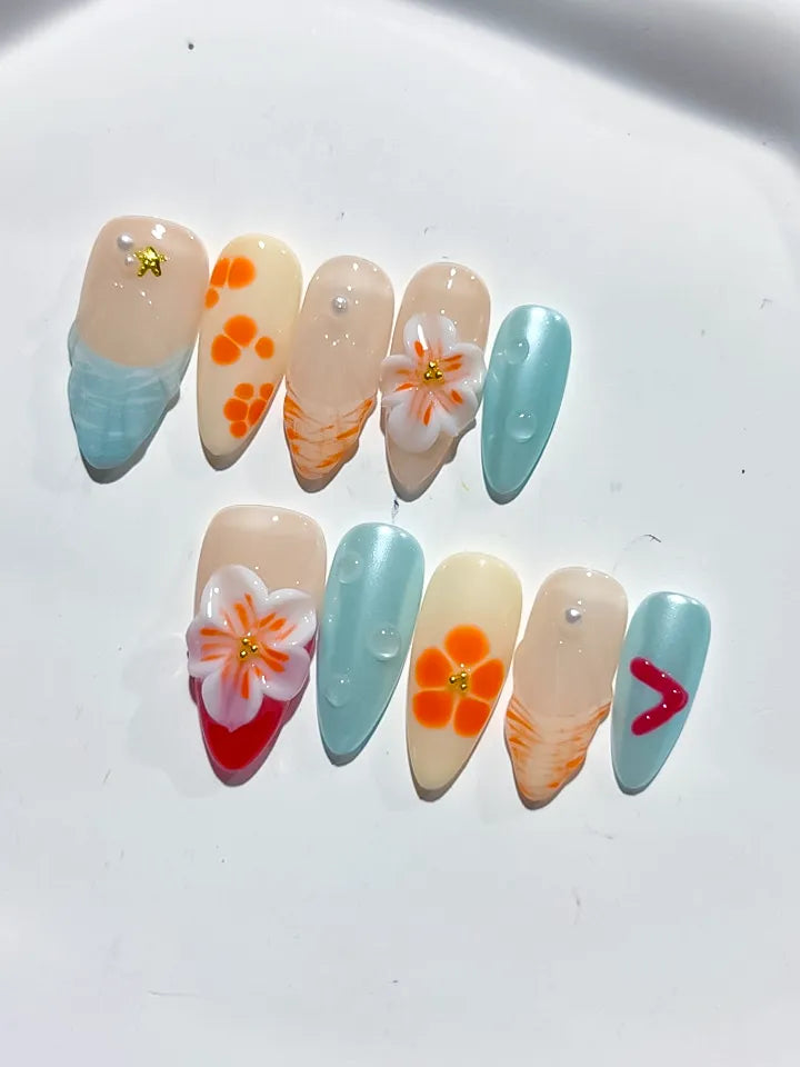 D398 - Medium Nude Blue Almond Abstract Flower Heart VibeNailsLab
