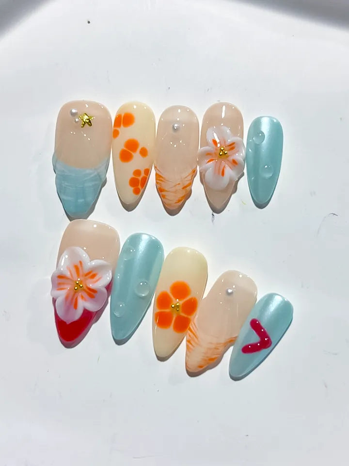 D398 - Medium Nude Blue Almond Abstract Flower Heart VibeNailsLab