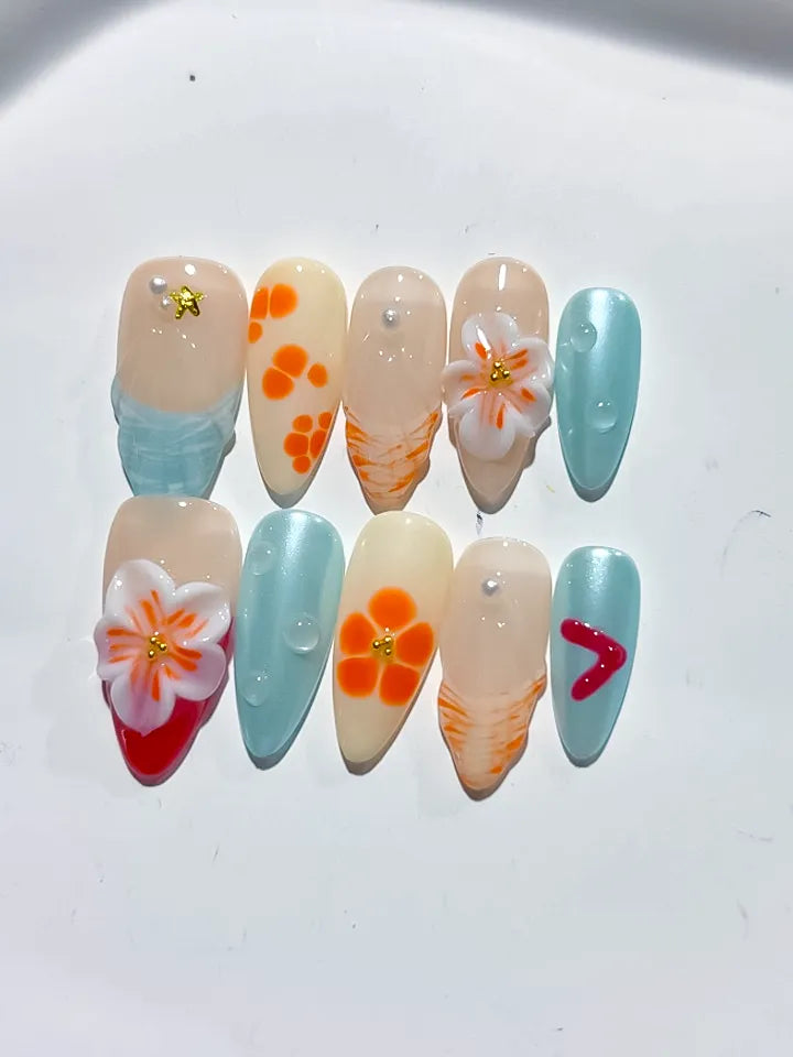D398 - Medium Nude Blue Almond Abstract Flower Heart VibeNailsLab