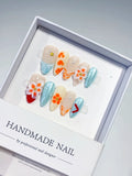 D398 - Medium Nude Blue Almond Abstract Flower Heart VibeNailsLab
