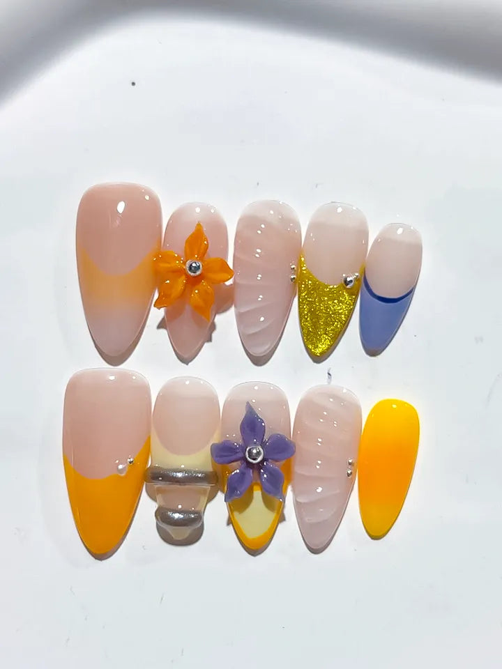 D399 - Medium Nude Yellow Almond French tip Flower Glitter VibeNailsLab