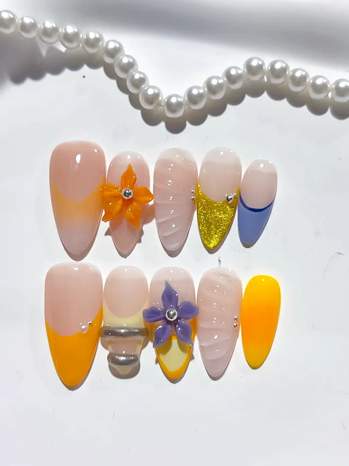 D399 - Medium Nude Yellow Almond French tip Flower Glitter VibeNailsLab