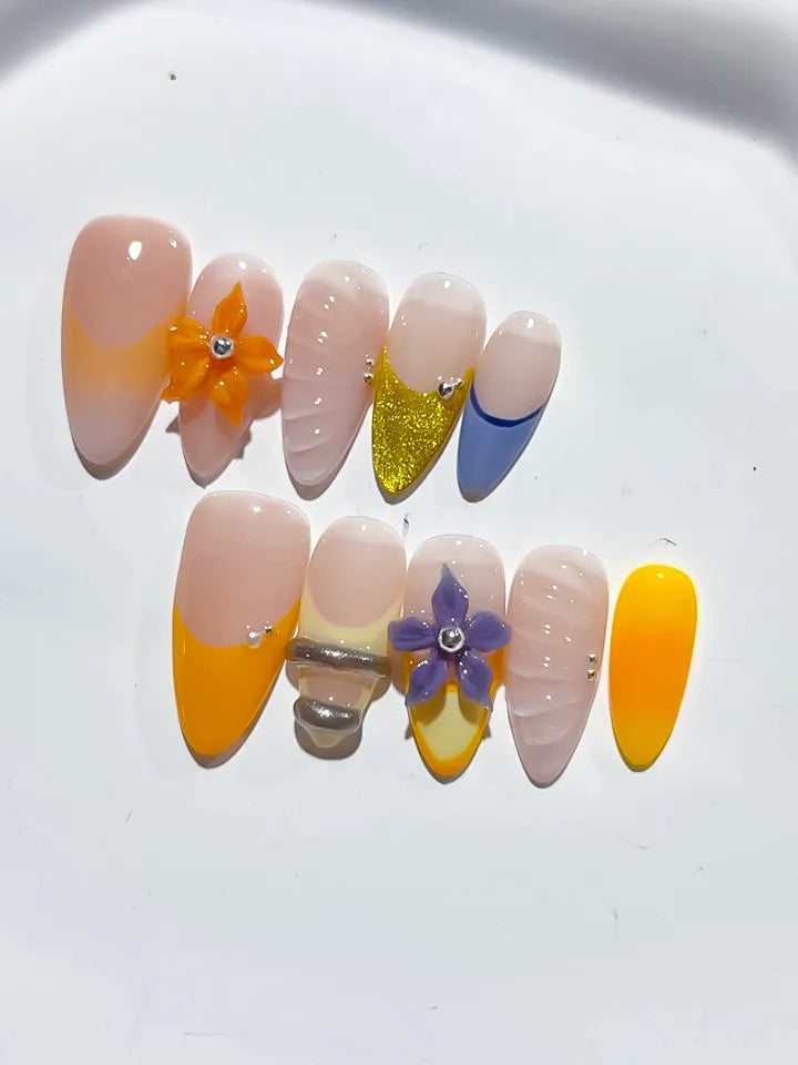 D399 - Medium Nude Yellow Almond French tip Flower Glitter VibeNailsLab