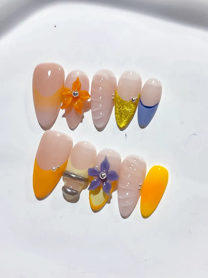 D399 - Medium Nude Yellow Almond French tip Flower Glitter VibeNailsLab