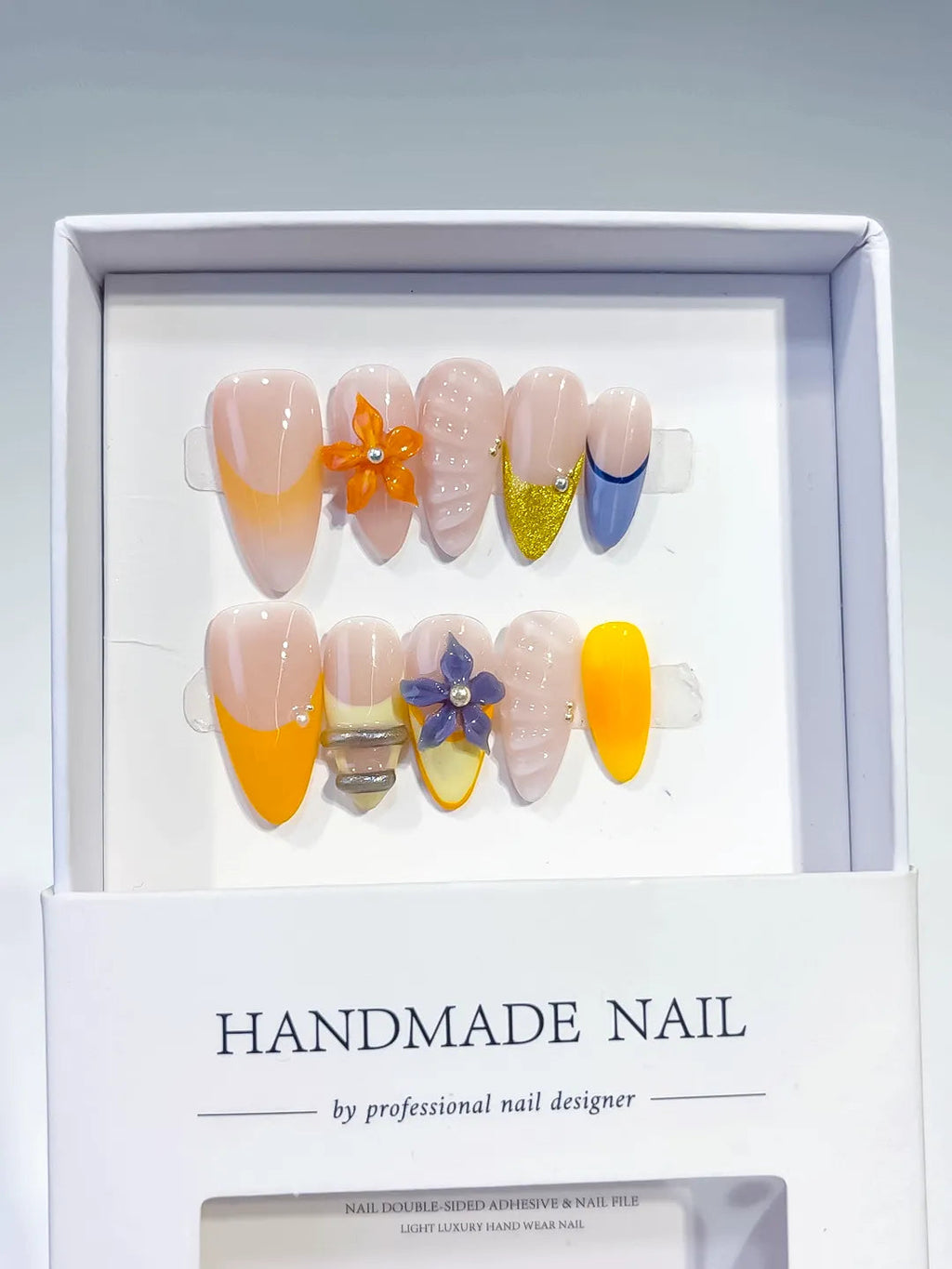 D399 - Medium Nude Yellow Almond French tip Flower Glitter VibeNailsLab