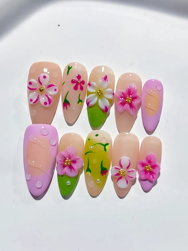 D400 - Medium Nude Pink Almond Abstract Flower Fruit VibeNailsLab