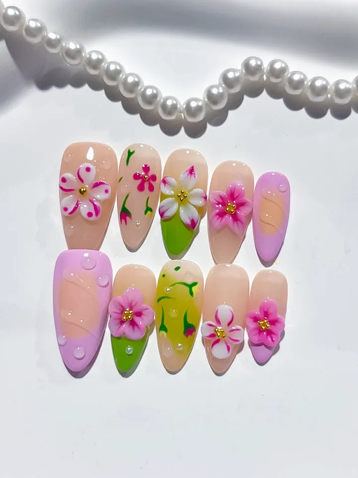 D400 - Medium Nude Pink Almond Abstract Flower Fruit VibeNailsLab