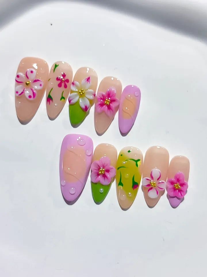 D400 - Medium Nude Pink Almond Abstract Flower Fruit VibeNailsLab