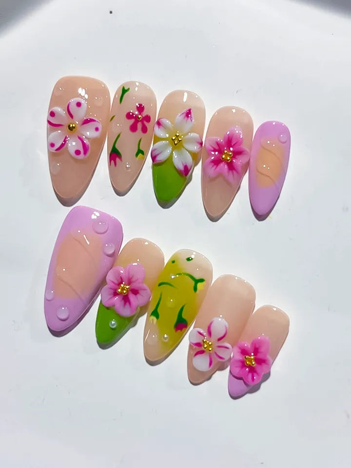 D400 - Medium Nude Pink Almond Abstract Flower Fruit VibeNailsLab