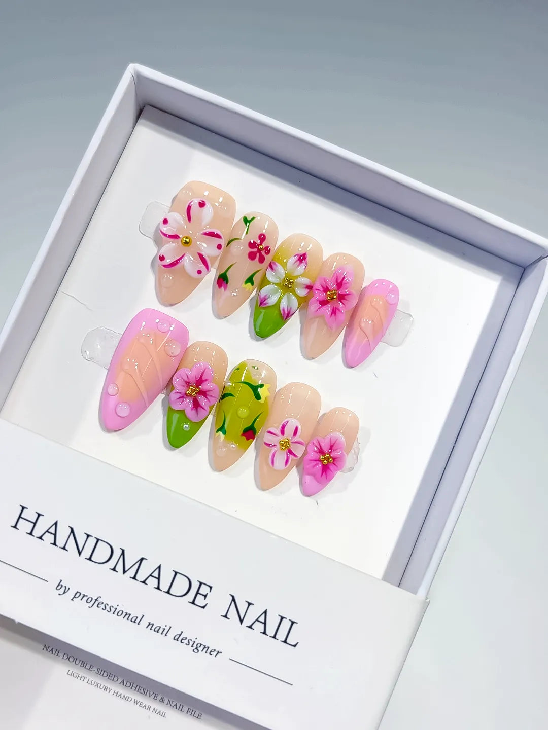 D400 - Medium Nude Pink Almond Abstract Flower Fruit VibeNailsLab